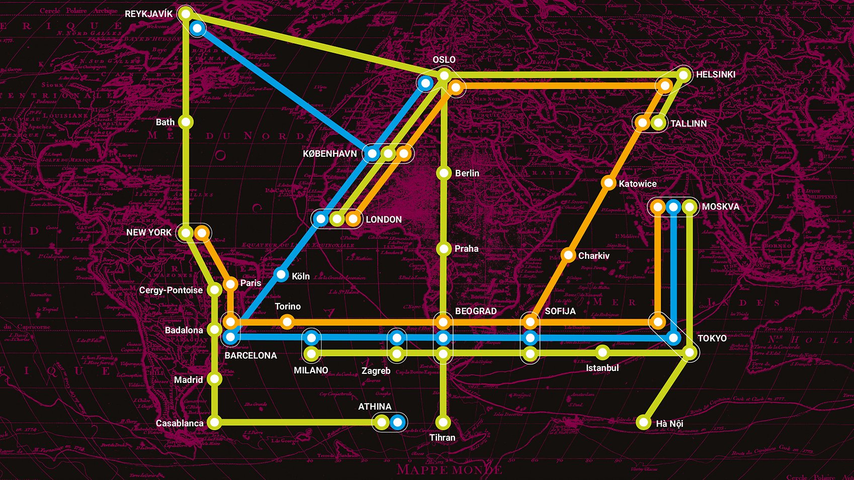 Ett tunnelbanenät i orange, grönt och blått som går över en gammal världskarta.