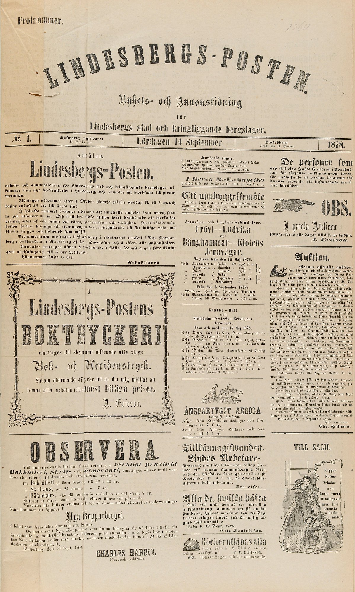 Tidningssida. Text: Lindesbergs-Posten.