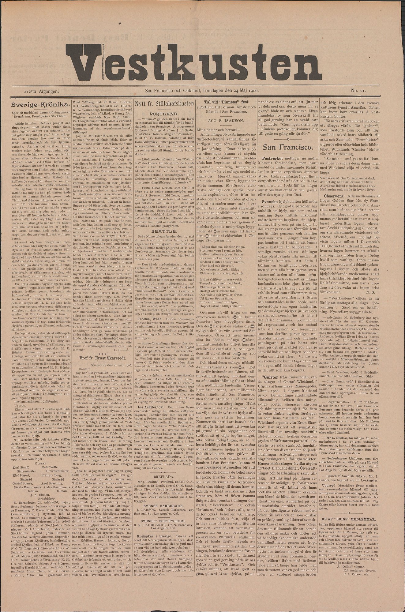 Framsidan till tidningen Vestkusten den 24 maj 1906