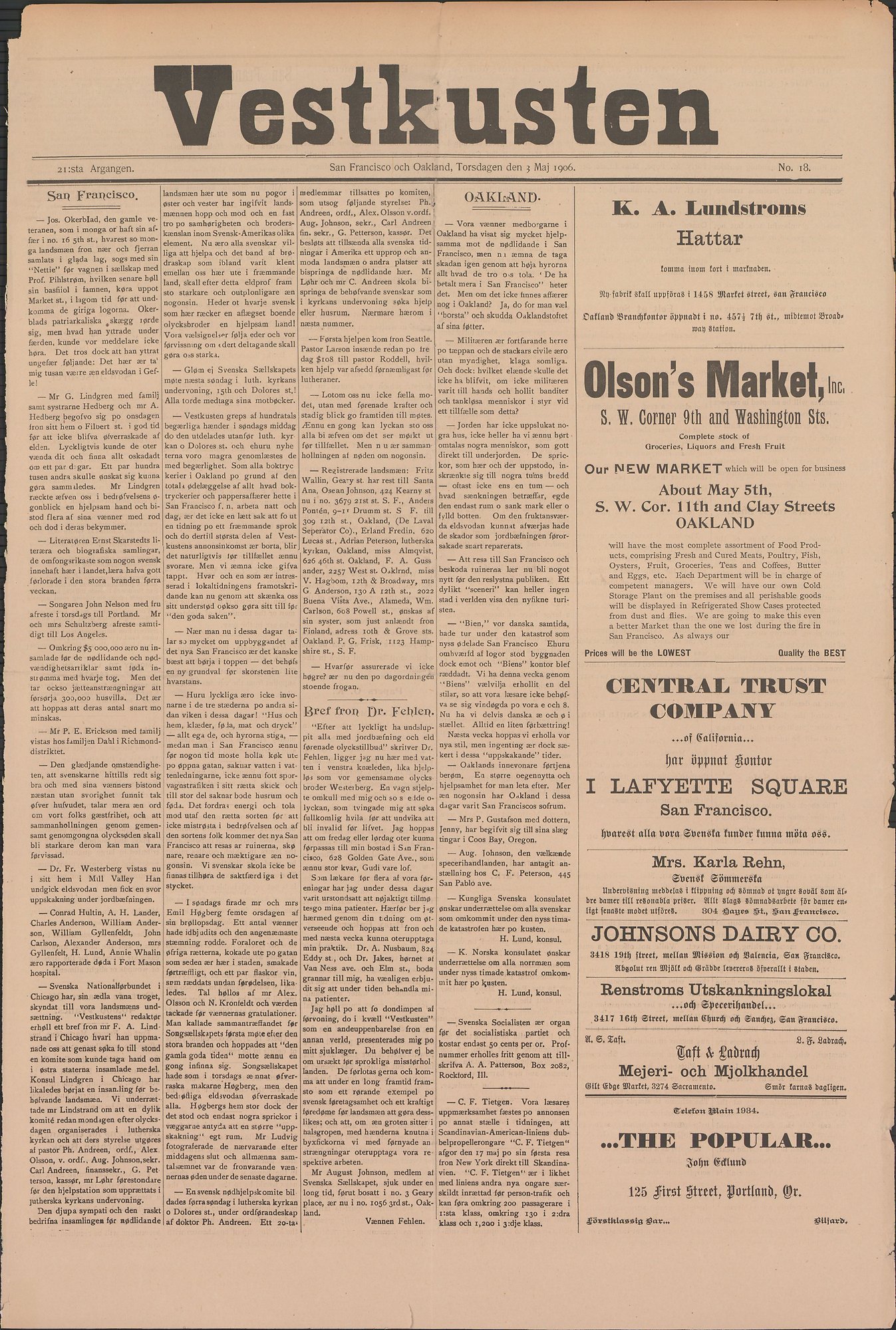 Framsidan till tidningen Vestkusten den 3 maj 1906.