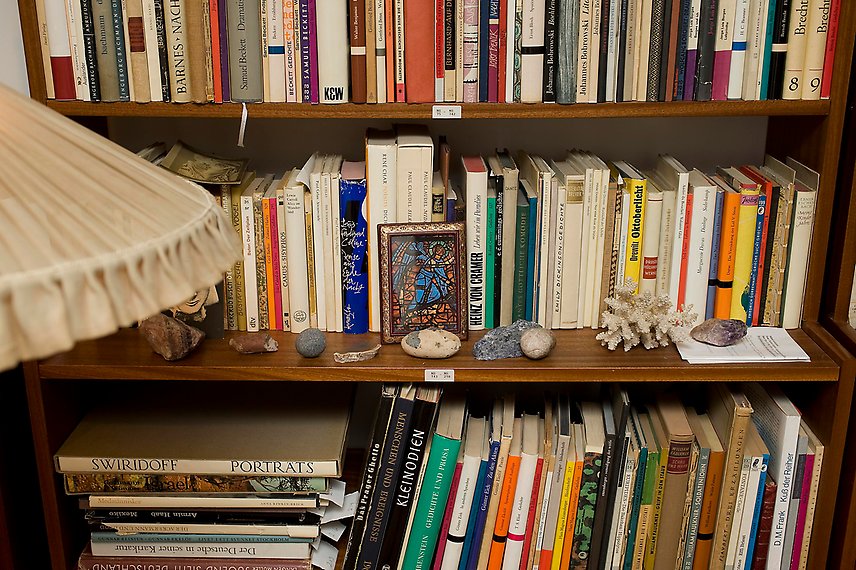 En bokhylla med böcker och prydnader.