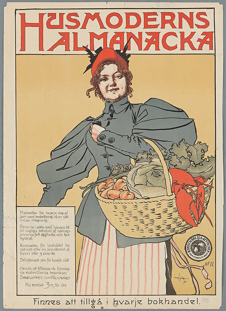 Illustrerad affisch med texten: "Husmoderns almanacka. Finns att tillgå i hvarje bokhandel". En kvinna bär en stor korg med mat.