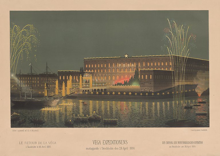 Litografi i färg föreställande Stockholms slott, fyrverkerier och båtar i Strömmen. Under bilden finns beskrivande text på franska, svenska och tyska.