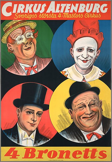 Affisch med färgglad illustration av två clowner och två cirkusdirektörer. 