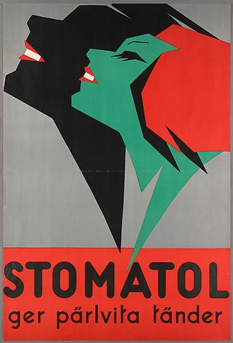 Illustration med en kvinna som ler. Texten i bilden lyder: "Stomatol ger pärlvita tänder".