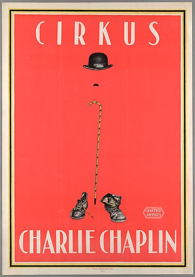 Affisch med illustration av en genomskinlig Charlie Chaplin, allt som syns mot den röda bakgrunden är hatt, mustasch, käpp och kängor.