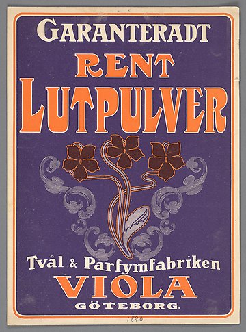 Illustration av violer och text som lyder: Garanterat rent lutpulver.