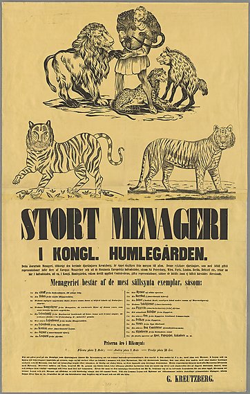 Affisch med illustration av man omgiven av flera vilda djur som lejon, tigrar och leoparder. Runt axlarna håller han en panter.