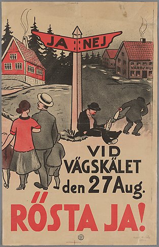 Illustration av en vägkorsning och texten: Vid vägskälet den 27 augusti rösta ja!