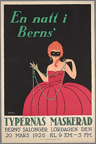 Illustration av en kvinna med maskeradmask och en pampig röd klänning. 