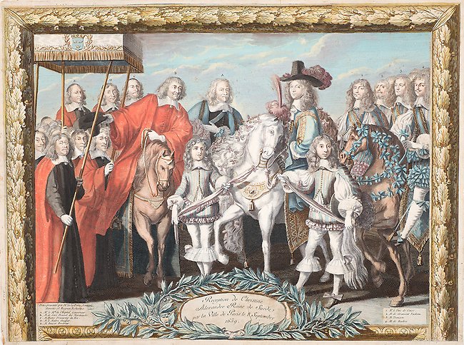 Målning av en grupp människor med en pråligt klädd kvinna till häst i mitten.