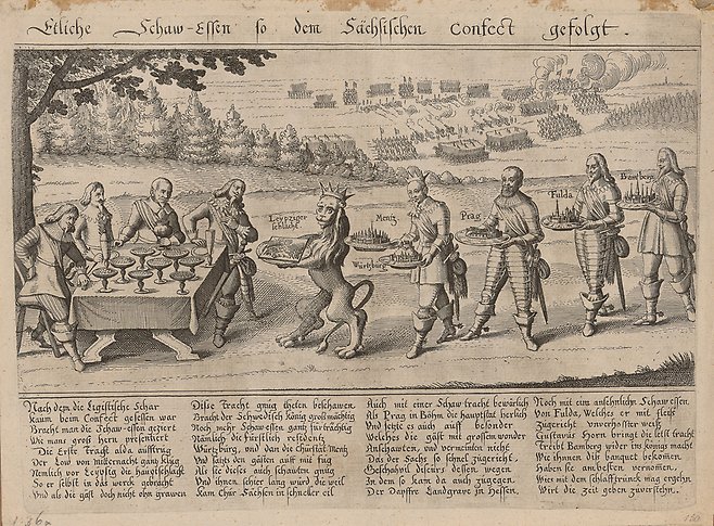 Illustration av ett lejon och fyra herrar som bär fram fat med städer i miniatyr till herrar i rustning som sitter vid ett bord.
