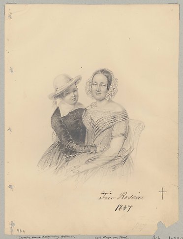 Porträtt i blyerts av en kvinna iförd klänning och spetsmössa och en pojke iförd rock med stor krage och en hatt.