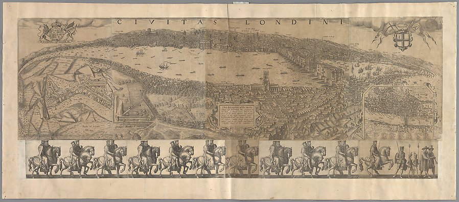 Svartvit panorama över London med infälld karta över Westminster och en infälld karta över centrala London.
