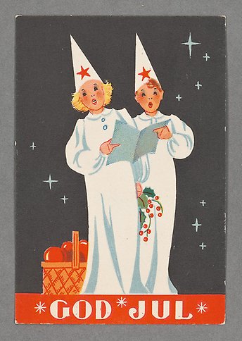 Illustration av två barn i vit skrud med strutar på huvudena sjunger från ett gemensamt häfte.