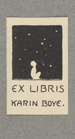 Illustration av en person som sitter under en svart natthimmel fylld av vita stjärnorna. Under bilden står texten "ex libris" och Karin Boyes namn.