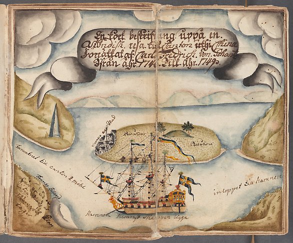 Illustration föreställande svenskflaggat skepp i C. F. von Schantz "Ostindisk resa till Canton"