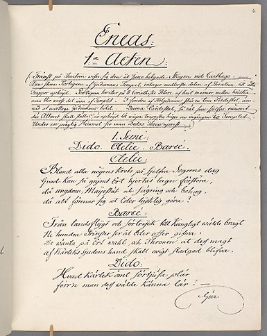 Sida ur Johan Henrik Kellgrens libretto till operan "Aeneas i Carthago".