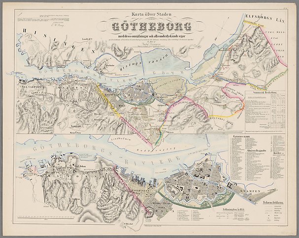 Litograferad karta i flera färger uppdelad i två sektioner, en allmän över Göteborg med omgivningar och en mer detaljerad av Göteborgs stad.