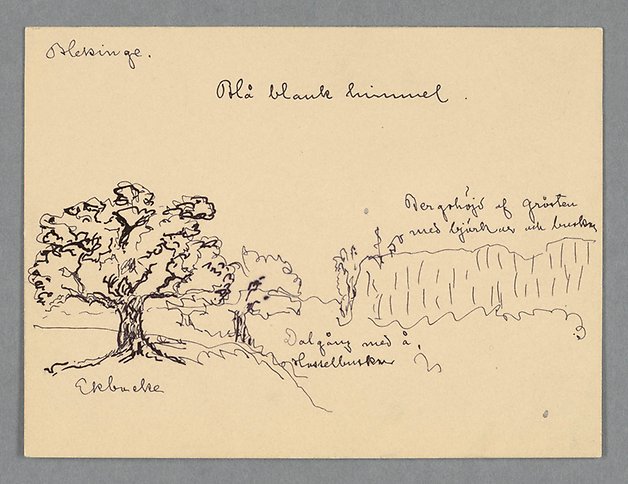 Svartvit teckning med handskrivna kommentarer föreställande en ekbacke vid en dalgång.