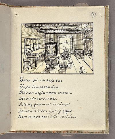 Svartvit teckning föreställande en kvinna med huckle som sitter vid en vagga inne i en stuga, under teckningen finns en handskriven vers.