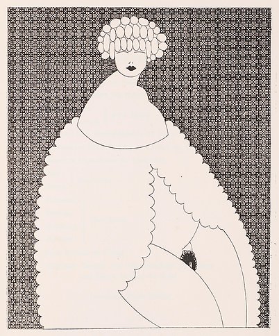 Stiliserad svartvit teckning av kvinna endast iförd hatt och öppen pälsjacka mot grafiskt mönstrad bakgrund.