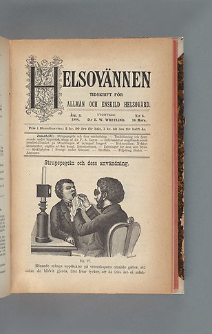 Illustration av man som undersöker en annan man med hjälp av ett redskap i munnen. Ovanför står: Strupspegeln och dess användning.