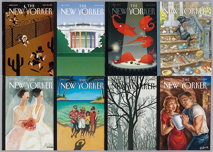 Åtta färgglada illustrerade omslag med titeln The New Yorker.