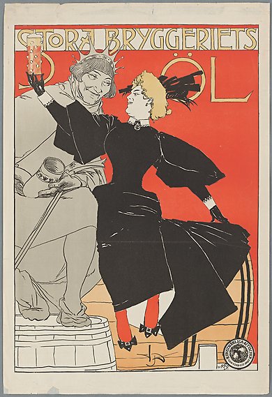 Illustrerad affisch med texten: &quot;Stora bryggeriets öl&quot;. En finklädd kvinna sitter på en stor tunna och håller upp ett ölglas. Bredvid henne sitter en man.
