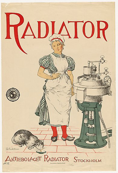 Illustrerad affisch med texten: &quot;Radiator. Aktiebolaget radiator Stockholm&quot;. En kvinna står bredvid en maskin. På golvet dricker en katt mjölk en skål.