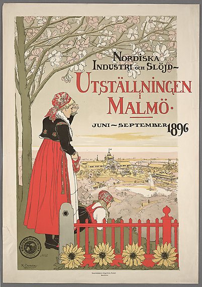 Illustrerad affisch med texten: &quot;Nordiska industri- och slöjdutställningen i Malmö. Juni till september 1896&quot;. Två flickor i folkdräkt ser ut över en stad.