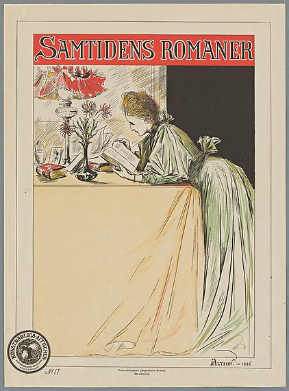 Illustrerad affisch med texten: &quot;Samtidens romaner&quot;. En kvinna står lutad över ett bord och läser.