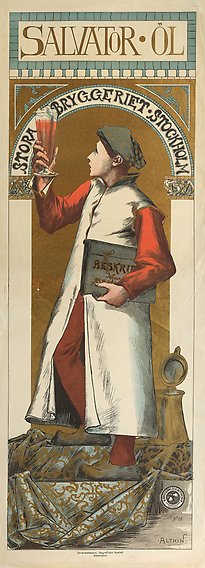Illustrerad affisch med texten: &quot;Salvator öl. Stora bryggeriet Stockholm.&quot; En prästklädd man håller i ett glas öl.