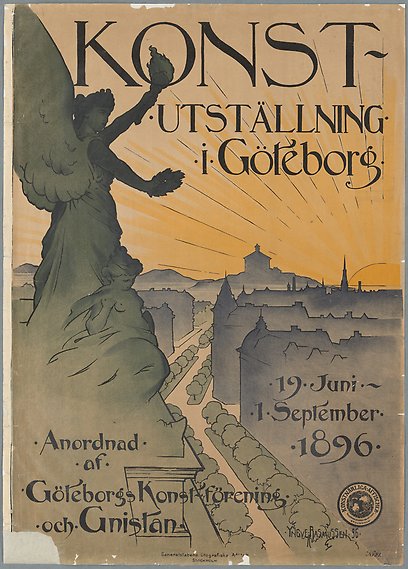 Illustrerad affisch med texten: &quot;Konstutställning i Göteborg. Anordnad af Göteborgs konstförening och Gnistan. 19 juni till 1 september 1896.&quot;  Ängelstaty och stad.