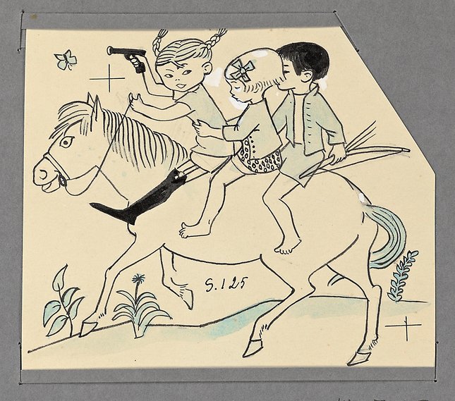 Teckning av tre barn som rider på en häst. Flickan längst fram har två flätor och håller i en pistol.