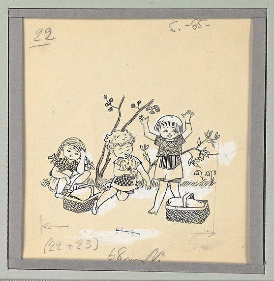 Teckning av tre barn med två korgar körsbär.