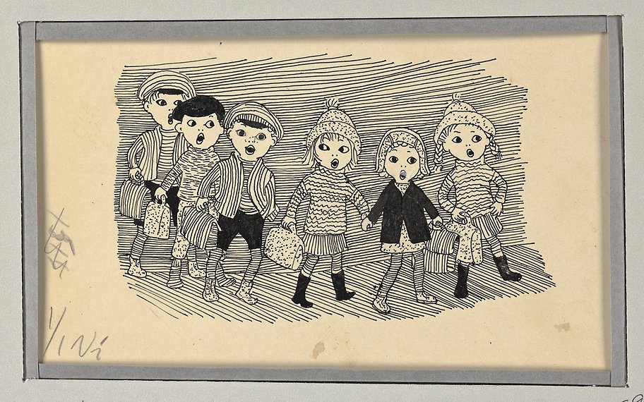 Teckning av sju barn som ser rädda ut och går i rad.