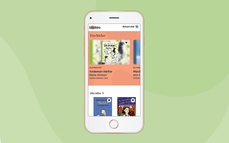 Mobiltelefon med bilder ur appen Bläddra.