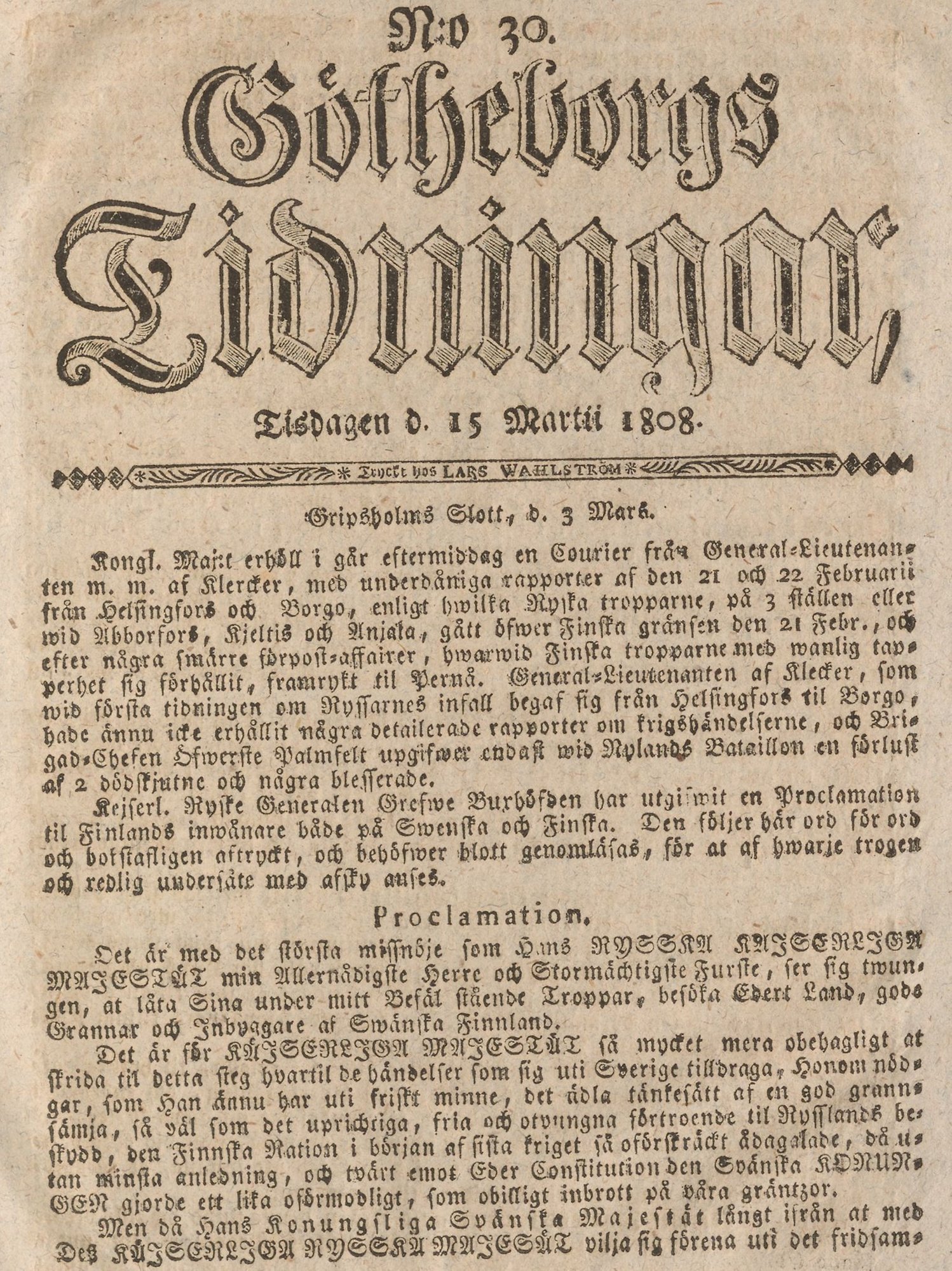 Tidningssida på lumppapper, text i frakturstil. Text: Götheborgs tidningar.