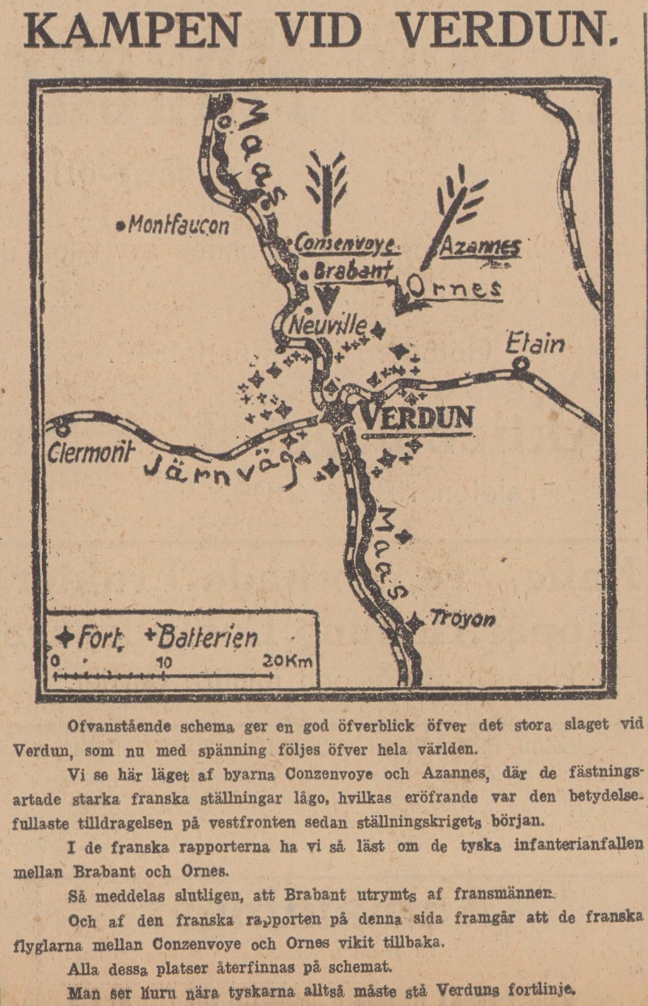 Gulnat tidningsklipp med karta över Verdun. 