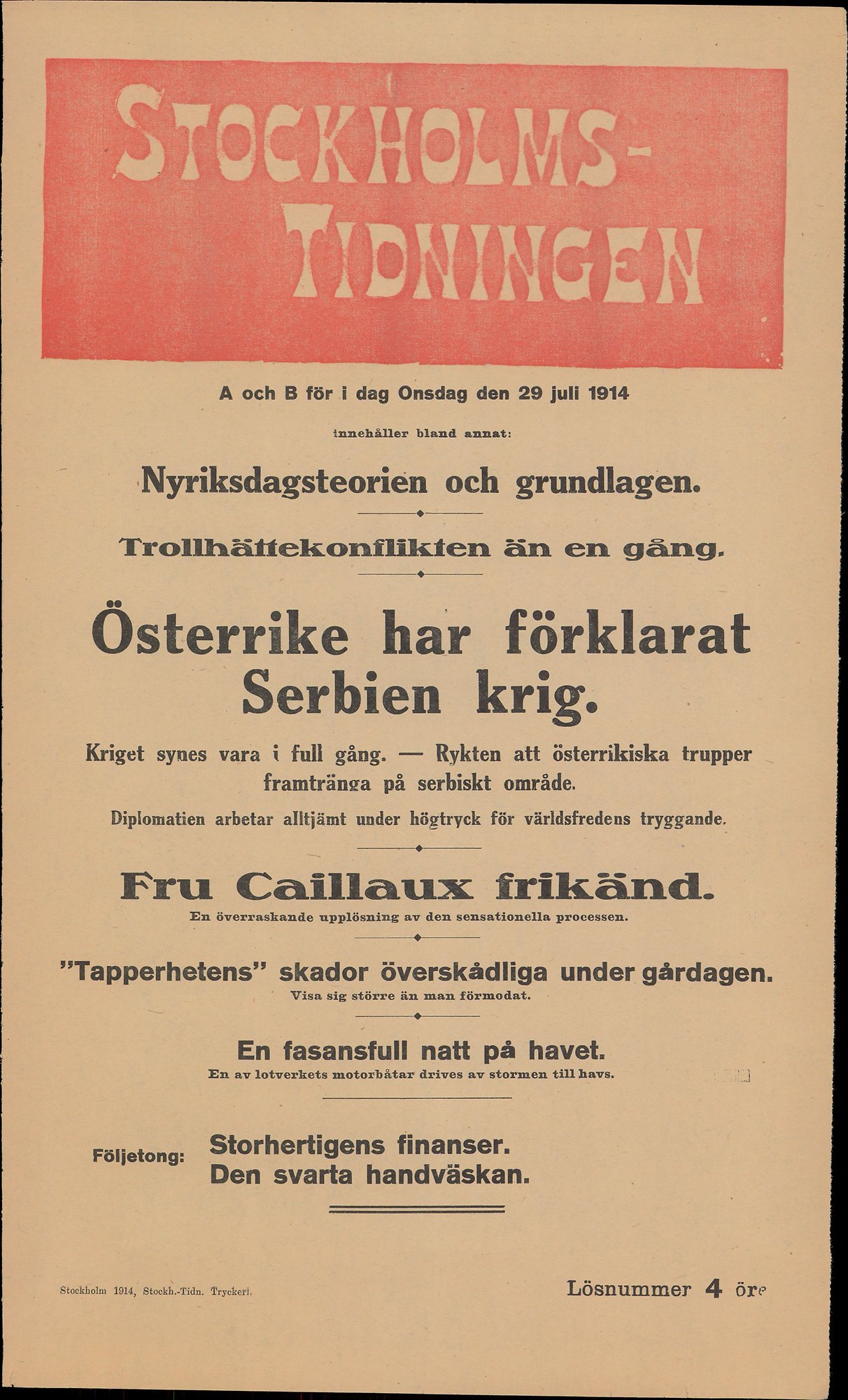 Stockholmstidningens löpsedel med texten: Österrikes tronföljarpar mördat. 