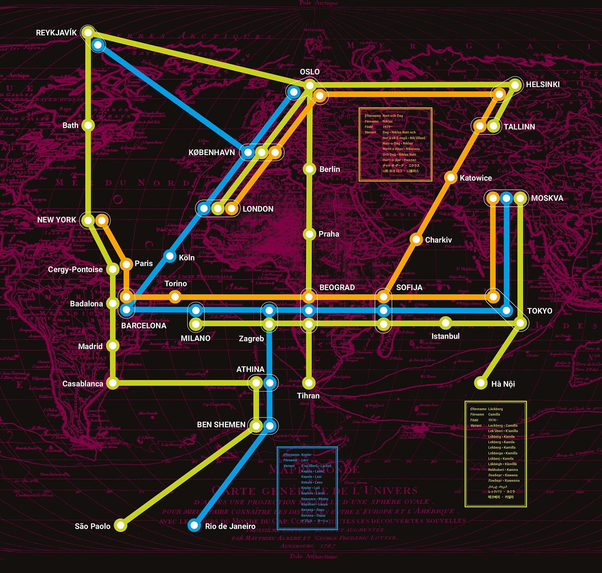 En världskarta som det går ett tunnelbanenät över med olika ortnamn som stationer.