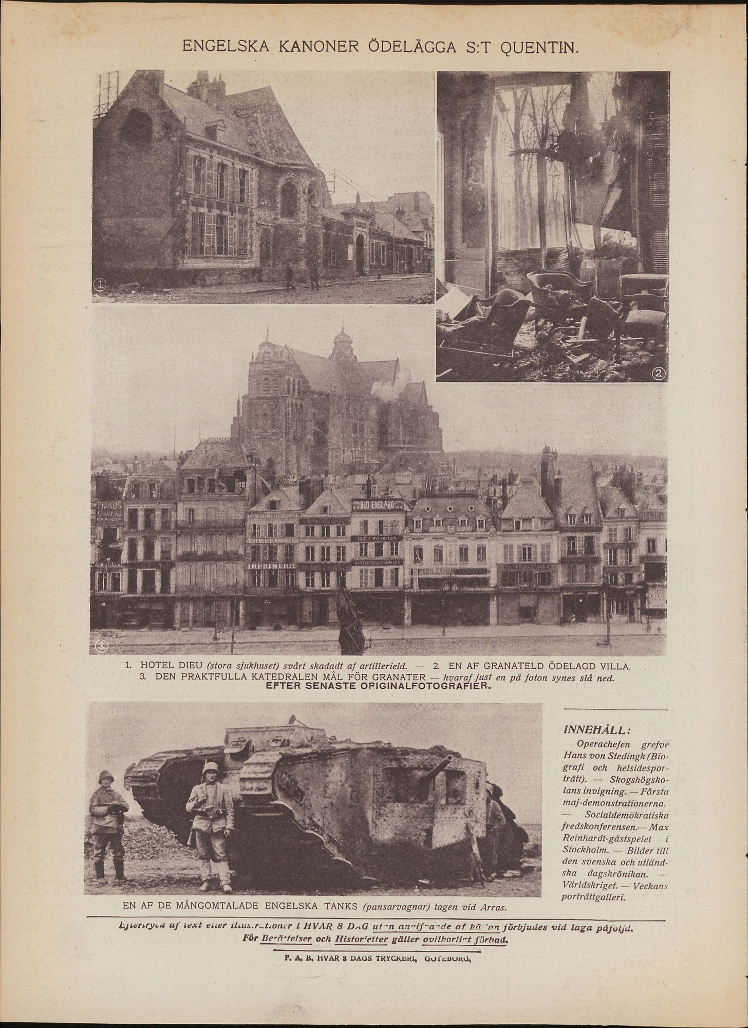 Fotografier på förstörda hus och tre tyska soldater vid en erövrad engelsk stridsvagn. 