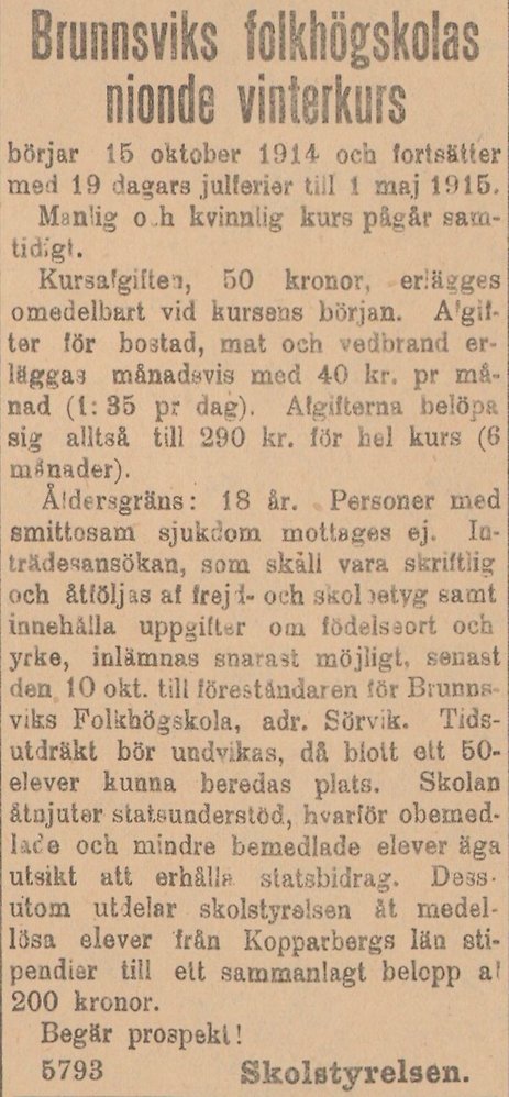 Gulnat tidningsklipp Text: Brunnsviks folkhögskolas nionde vinterkurs.