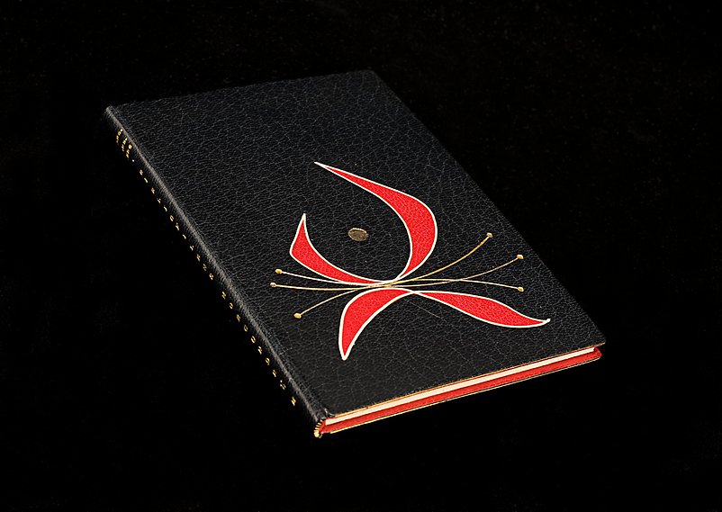 Bok i svart skinn med abstrakta detaljer i rött och guld. 