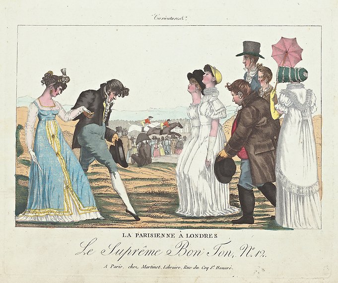 Ett finklädd par bugar mot en annan grupp av människor, däribland två unga kvinnor med näsorna i vädret. I bakgrunden pågår en hästkapplöpning.