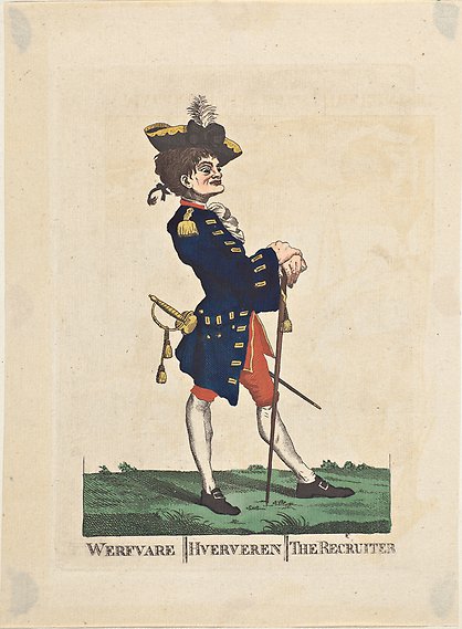 En man med intensiv blick står lutad mot en käpp med benen isär. Han är klädd i uniform med dekorerad hatt och värja.
