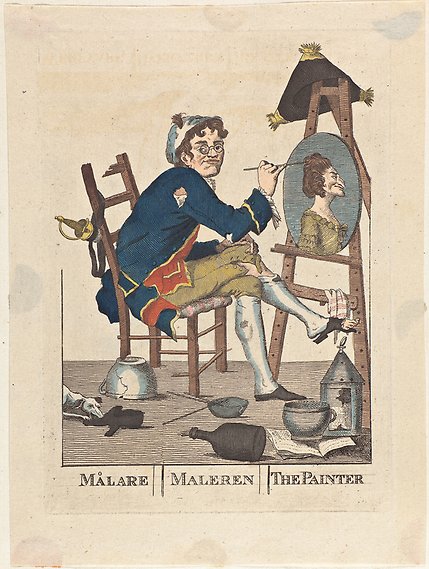 En man i runda glasögon och trasiga kläder sitter på en trasig stol framför ett staffli. Han målar en karikatyrliknande bild av en kvinna.