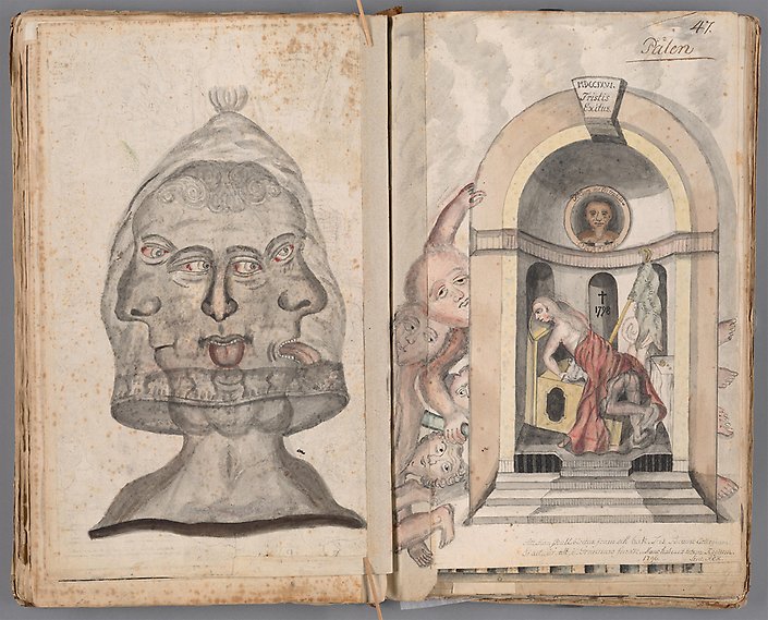 Bokuppslag med två teckningar. Den ena av ett huvud med tre ansikten som synes vara under en huva. Den andra en framåtlutad person i en portal.