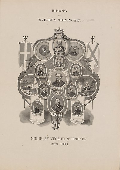Svartvit teckning med porträtt av män flankerade av skepp och flaggor. Under bilden står det &quot;Minne af Vegaexpeditionen 1878-1880&quot;. 